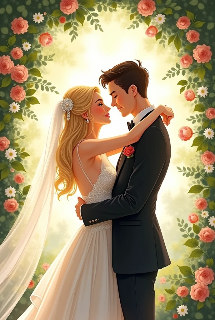 Give me an illustration of a blonde haired girl marrying a black haired boy 