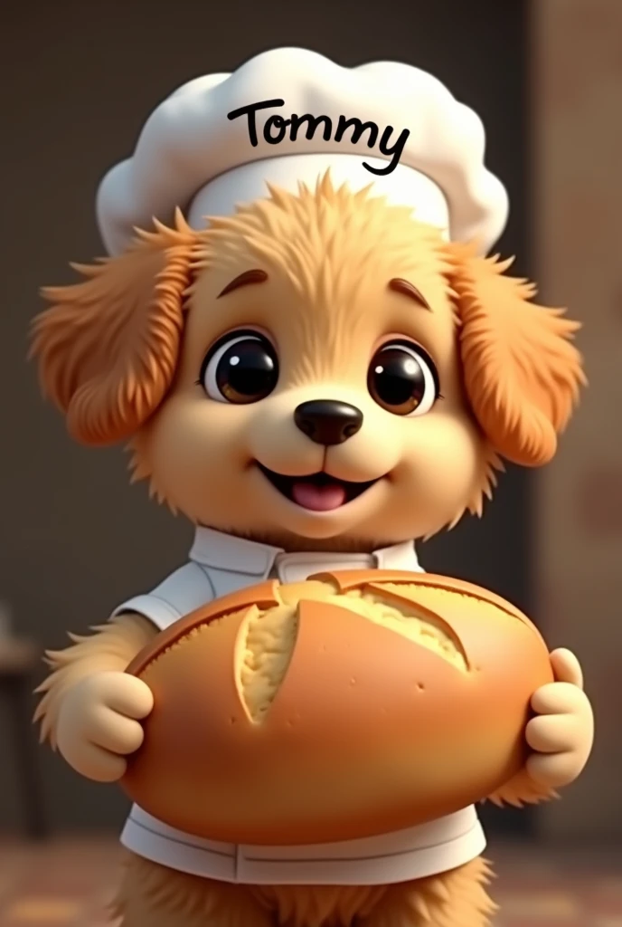 Puppy breed water dog beige and brown color, with lock,black eyes,with chef uniform,with name Tommy on the cap,offering a large loaf of bread, looking straight ahead, all in cartoon style with a blurred brown background