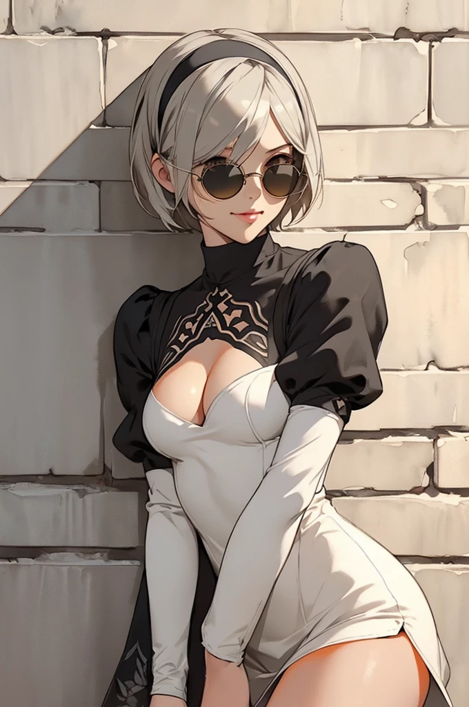 {(masterpiece,best quality, 16K illustration, UHD, extremely detailed the work, detailed beautiful face and eyes and skin and hair)}
BREAK {erotic face,looking away,enchanting smile,cowboy-shot,from below}
BREAK {solo, (2B of Nier-Automa:1.4)), (perfect female body,small breasts),(lightbrown_lightwhite colored hair:1.4, short cut hair), (medium mouth:1.2),(narrow and sharp eyes:1.4,blue-glay eyes,sparkling eyes:1.1)
BREAK {(Nier-Automata-2B costume:1.2),(cleavage between breasts:1.2),(black hairband:1.4)}
BREAK {(small-diameter round darkorange-lens-sunglasses:1.4),(hand on sunglasses:1.4)}
BREAK {(Part of the stucco wall is brick:1.2),(cast a shadow on the wall:1.2),bullet holes in the wall}
BREAK,{(anime illustration style:1),(watercolor image:1.2),(sketch drawing),overall dark color}