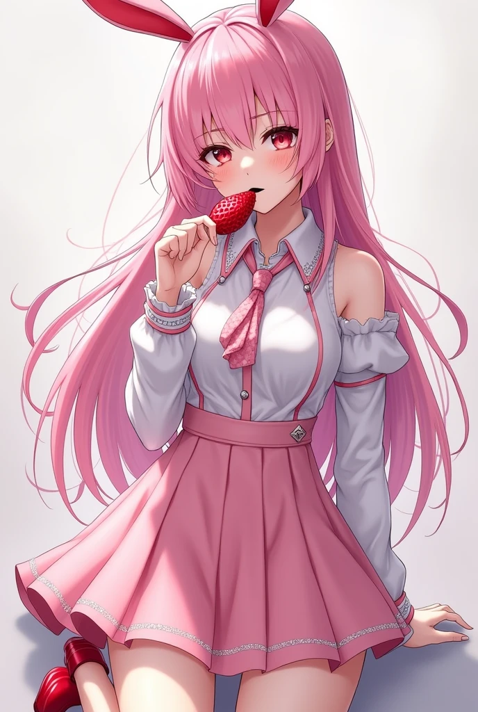 Female anime character with long pink hair down to the shoulders, bunny ears, black lipstick, dark eyes sucking on a strawberry, short white blouse, pink details, pink skirt, silver details, red heels 