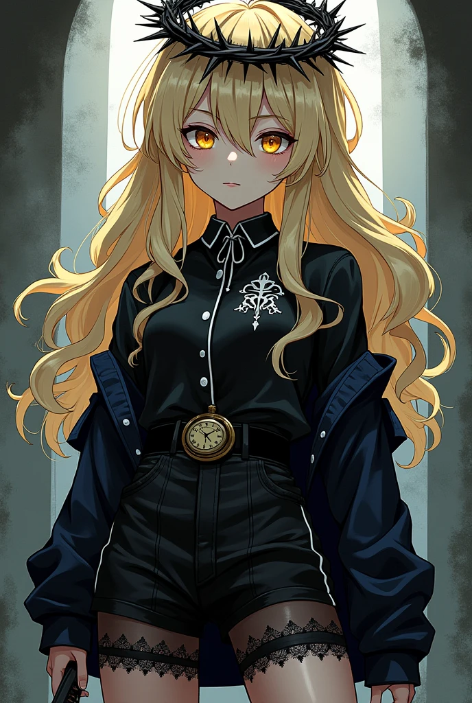 Make a manga-style, perspective-driven image of a girl who looks mysterious and serious., It will be a girl with light blonde hair, long and slightly wavy, that has a black crown of thorns on his head (like that of Christ), His eyes are yellow, He has a shirt similar to the one a real soldier would wear (black color and white details) On this one he has an antique watch on the lower left side of his shirt, Also, he should wear a black jacket that is integrated with his shirt., She has black shorts, She will have black stockings with floral lace and high black boots.