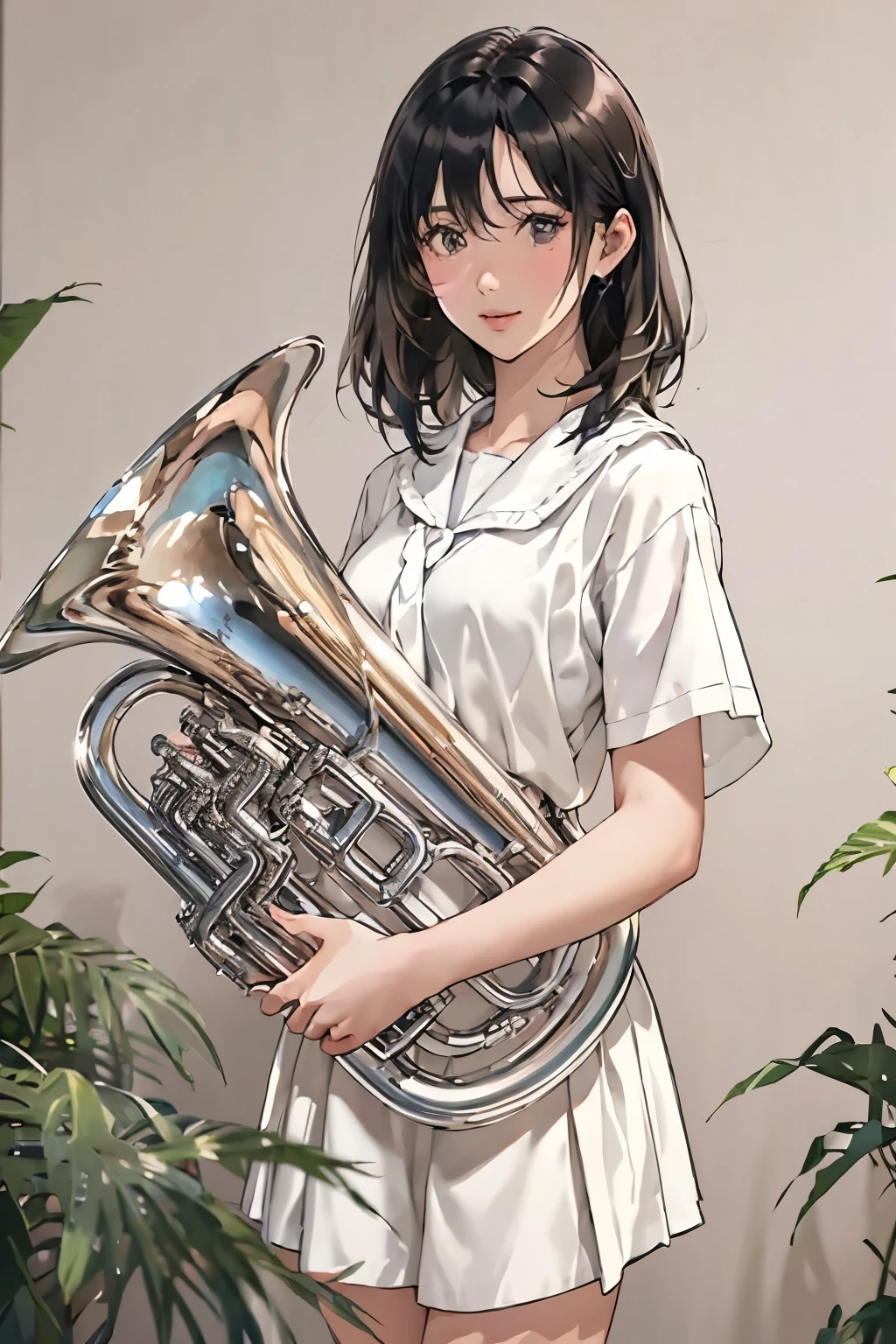 (1 person、Beautiful woman、)、(play the euphonium:1.2), alone, (Draw the Euphonium Shape Accurately:1.4)、Standing、(From before)、natural standing posture、 (Detailed depiction of a beautiful face)、Smiling Kindly、Black Hair、French Bob、(Small breasts)、Slim figure、( white short sleeve sailor uniform:1.2)、(White long skirt)、Sugar Loafer、(Simple Background)、(Plain background)、(Blank Background)、Blur the background、Sargent style watercolor、(Highest quality、masterpiece、High resolution)、4K Anime Art、(Character Concept Art)、