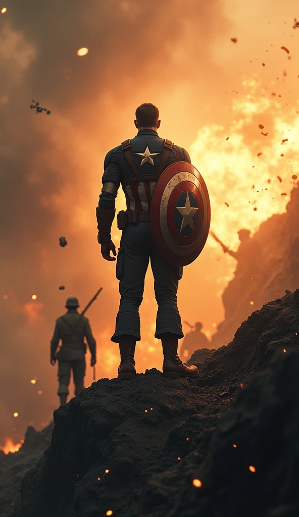 Illustrate a powerful and emotional scene in which Captain America faces the heartbreaking dilemma of changing the past. Em primeiro plano, Captain America is on a World War II battlefield, reaching out toward a moment frozen in time—Bucky Barnes in mortal danger. Your hand is extended, with fingers trembling with hesitation, as he struggles with the decision of whether or not to intervene.
Bucky is portrayed in a life or death situation, perhaps hanging off the edge of a cliff or caught in a bomb blast, with his face showing a mixture of fear and determination. The scene around them is charged with tension.: debris and earth suspended in the air, flames from an explosion stopped in their tracks, and soldiers frozen in the middle of combat.
Captain America's face is a study in internal conflict, his brows furrowed and his eyes filled with anguish as he weighs the consequences of altering the timeline. His iconic shield hangs on his back, slightly obscured, as if forgotten in this moment of deep contemplation. His posture is tense, with one foot planted forward, ready to move, but his body pulled back by the weight of the decision.
The background is blurred, focusing all attention on the intense emotional struggle between Captain America and the image of Bucky. Subtle distortions in the air around Captain America suggest the pressure of time being kept at bay, with faint echoes of past memories swirling gently around you, hinting at the possible outcomes of your choice.
the lighting is dramatic, with an intense golden glow highlighting the figures of Captain America and Bucky, while the surrounding environment remains in shadows, adding to the gravity of the moment. The general atmosphere should convey a sense of urgency, sadness and the deep weight of the decision that Captain America faces, as he stands on the brink of altering history.