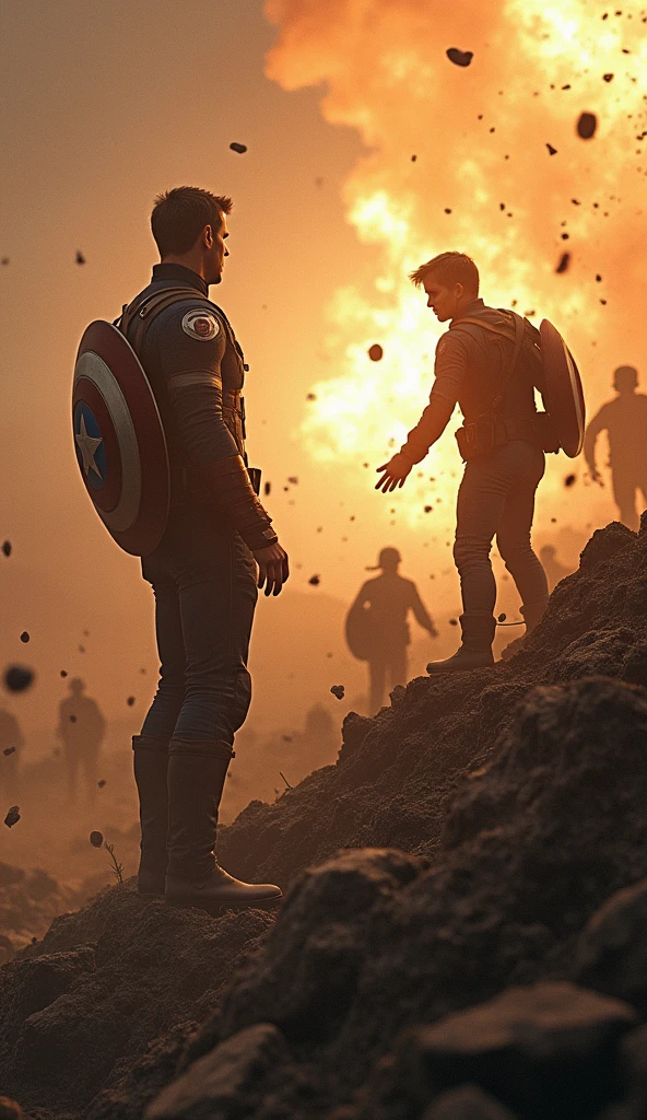 Illustrate a powerful and emotional scene in which Captain America faces the heartbreaking dilemma of changing the past. Em primeiro plano, Captain America is on a World War II battlefield, reaching out toward a moment frozen in time—Bucky Barnes in mortal danger. Your hand is extended, with fingers trembling with hesitation, as he struggles with the decision of whether or not to intervene.
Bucky is portrayed in a life or death situation, perhaps hanging off the edge of a cliff or caught in a bomb blast, with his face showing a mixture of fear and determination. The scene around them is charged with tension.: debris and earth suspended in the air, flames from an explosion stopped in their tracks, and soldiers frozen in the middle of combat.
Captain America's face is a study in internal conflict, his brows furrowed and his eyes filled with anguish as he weighs the consequences of altering the timeline. His iconic shield hangs on his back, slightly obscured, as if forgotten in this moment of deep contemplation. His posture is tense, with one foot planted forward, ready to move, but his body pulled back by the weight of the decision.
The background is blurred, focusing all attention on the intense emotional struggle between Captain America and the image of Bucky. Subtle distortions in the air around Captain America suggest the pressure of time being kept at bay, with faint echoes of past memories swirling gently around you, hinting at the possible outcomes of your choice.
the lighting is dramatic, with an intense golden glow highlighting the figures of Captain America and Bucky, while the surrounding environment remains in shadows, adding to the gravity of the moment. The general atmosphere should convey a sense of urgency, sadness and the deep weight of the decision that Captain America faces, as he stands on the brink of altering history.