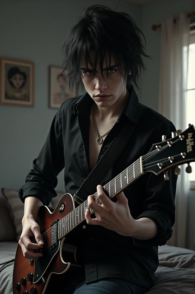 pale skin boy,intimidating and rock look,messy and medium hair,with serious expression,playing guitar in his room