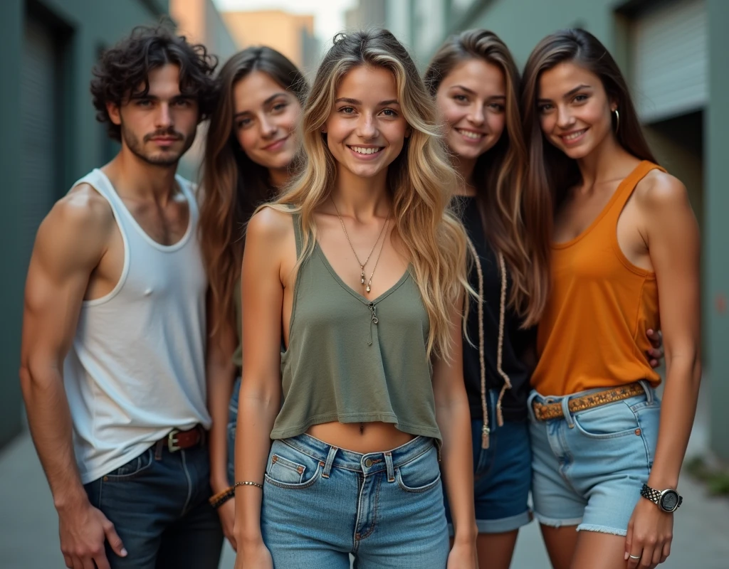 Photo of a teenage girl in skater fashion and her male and female friends. Everyone is wearing a tank top. It's a cool and stylish image.