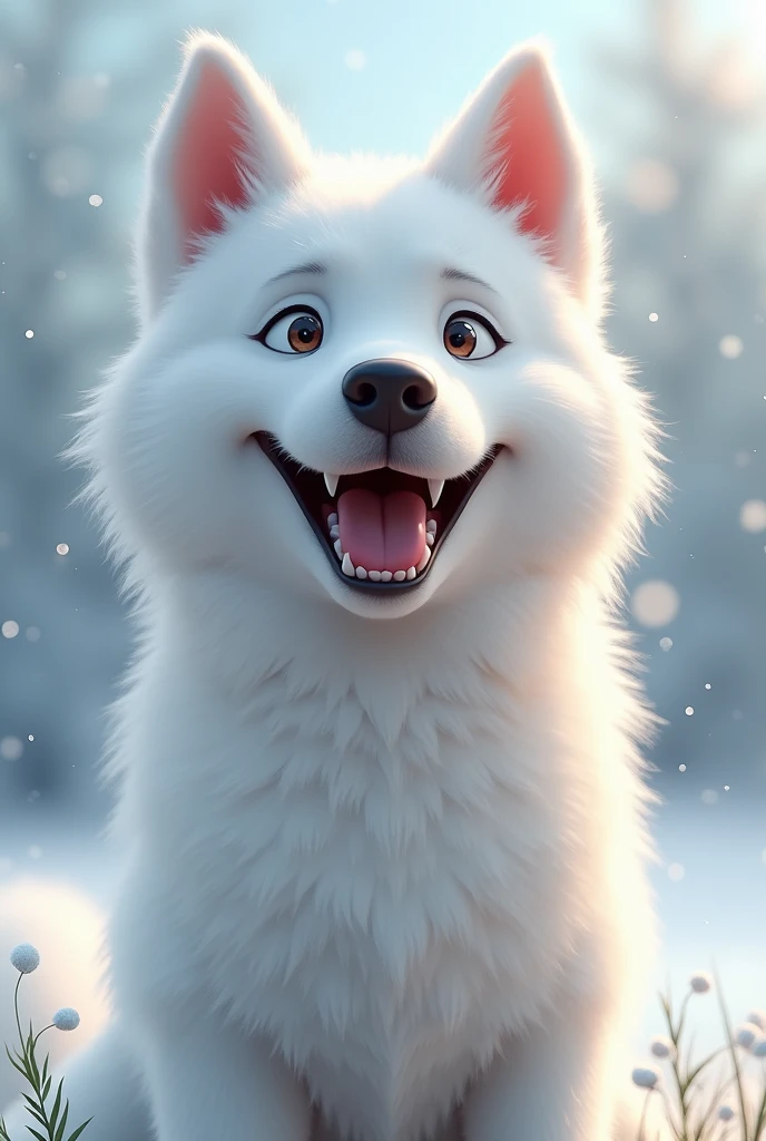 A husky with white hair and smiling