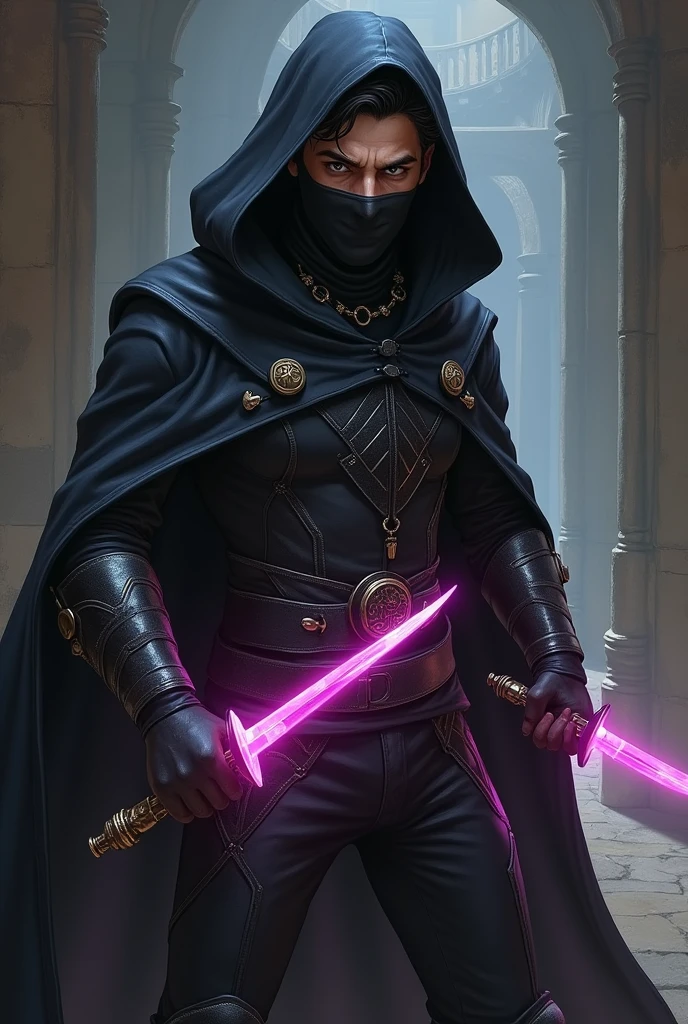 dnd, dungeons and dragons, lightfoot halfling, rogue, short, little person, tiny adult man, round human ears, assassin, ninja, stealth, sneaky, mask, covered mouth, psychic, solo, single person, pale white skin, short wavy black hair, light grey eyes, handsome, male, middle aged, skinny, anime, graphic novel, comic book, black leather armor, black cloak, large black hood, mask covering nose and mouth, short pink ethereal knives in both hands, small knives, magic, ((masterpiece, best quality)), trending artwork