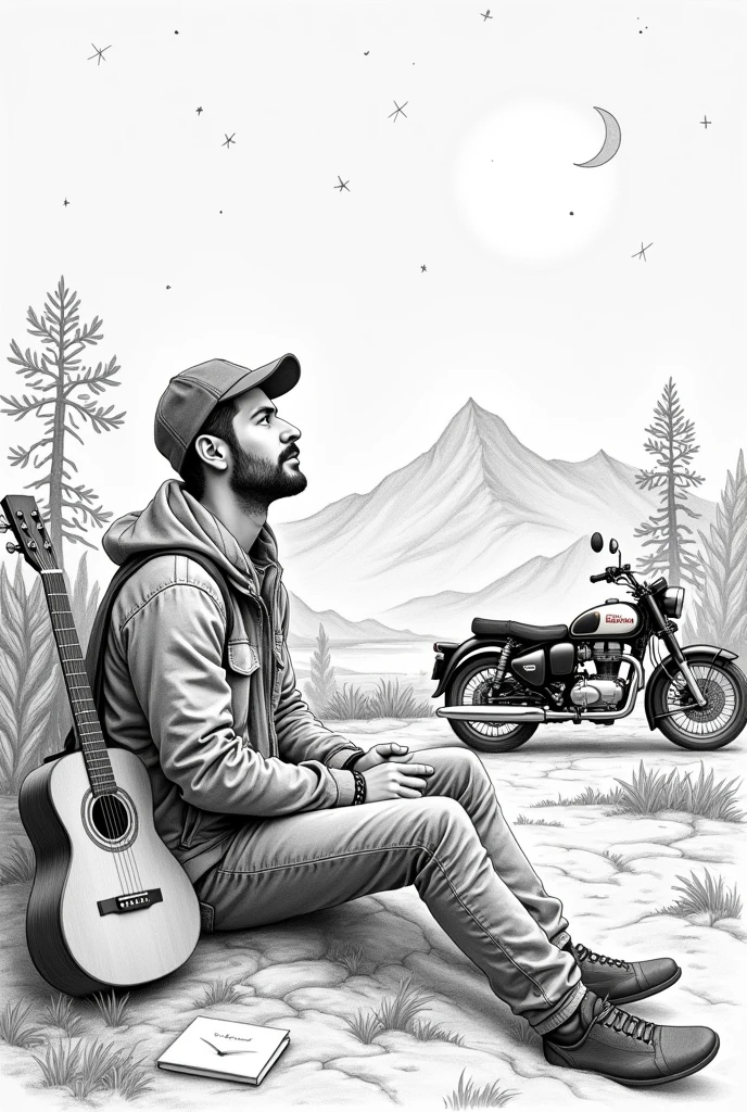 Generate a pencildrawing image of a man sitting at the top of the beautiful mountain seeing the moon and stars in the night sky .Near him a guitar and a paper note is placed. At right side a tent is located .And a royal Enfield bike is standing near the tent