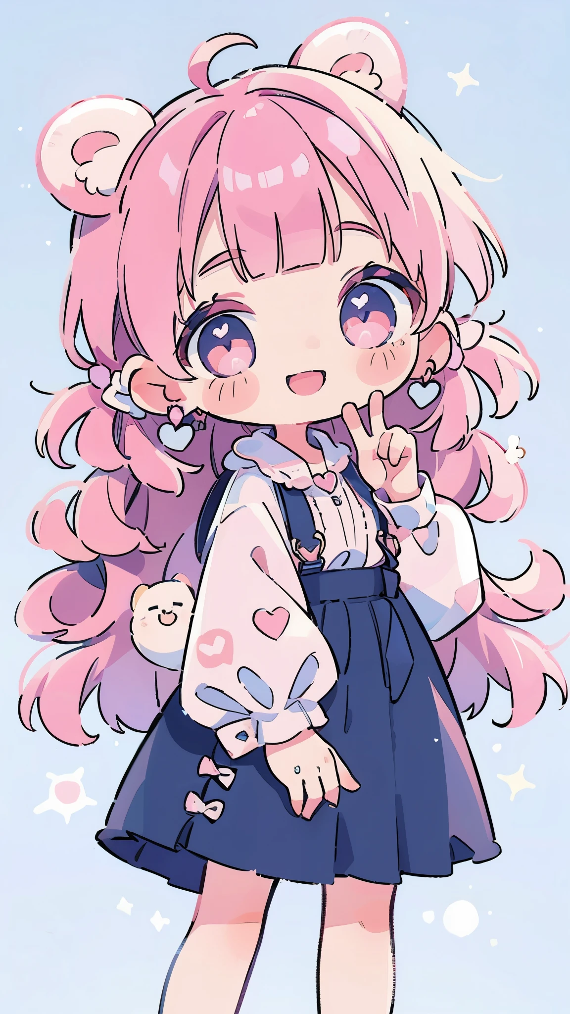 ((from front)),
((chibi)),
((peace sign)),
high resolution,smile,woman,woman1人,adult,Clear,cute,Put your hand on your cheek,
blunt bangs,Pink Hair,wavy hair,long hair,BREAK,
Pink eyes,Sparkling Eyes,BREAK,
White blouse,BREAK,Pink checkered pleated skirt,BREAK,
Heart Hairpin,Ring of Hearts,Sparkly earrings,BREAK,
dreamy,BREAK,Pink hearts on a white background,
Look forward,break,Light Blue Background,pastel colour,