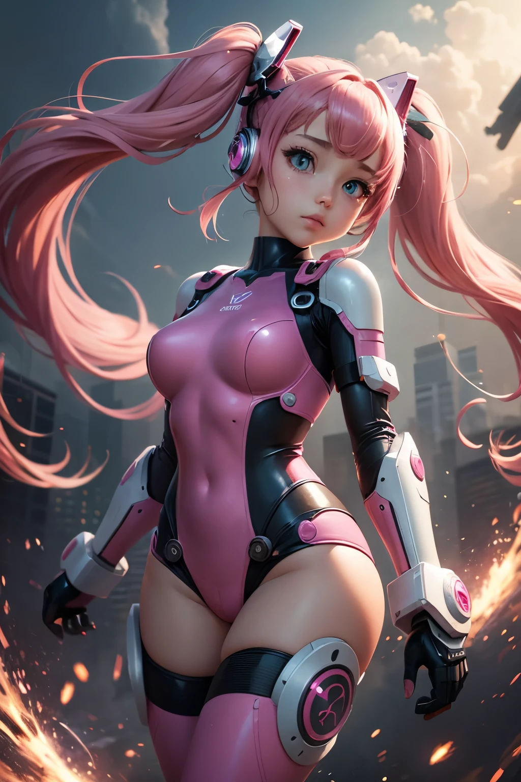 One person, High resolution, Twin tails, Robot Girl、Fighting Pose、Pink bodysuit、Cyber City、flight、Floating in the air