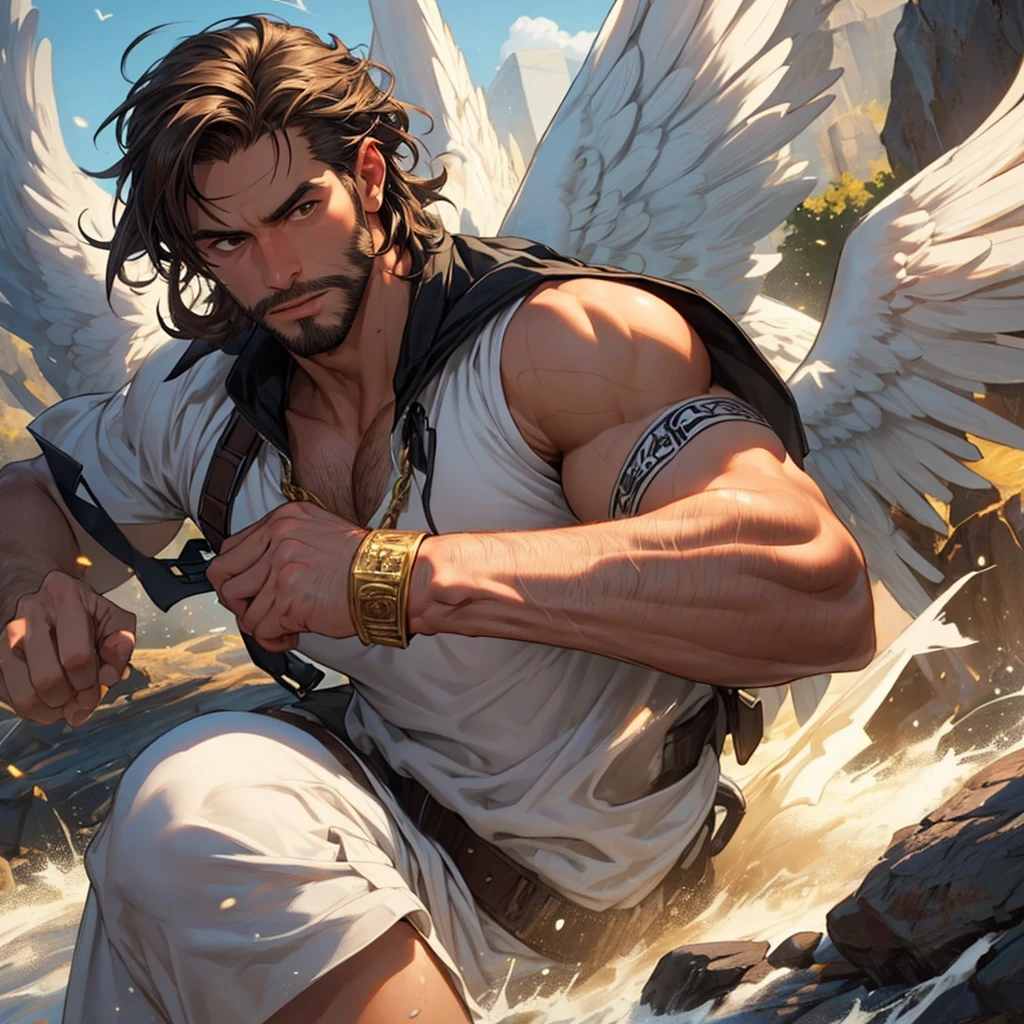 (masterpiece: 1.2), (very detailed: 1.2), (perfectly detailed), (very detailed and beautiful: 1.1) muscular male, angel male, dynamic pose, shaved temples, thick stubble, has thick stubble, body hair, action scene, detailed face, at full height, angel, brown eyes, brown hair, brown beard, haven, Toga, Coming down from heaven, gold accessories, 
