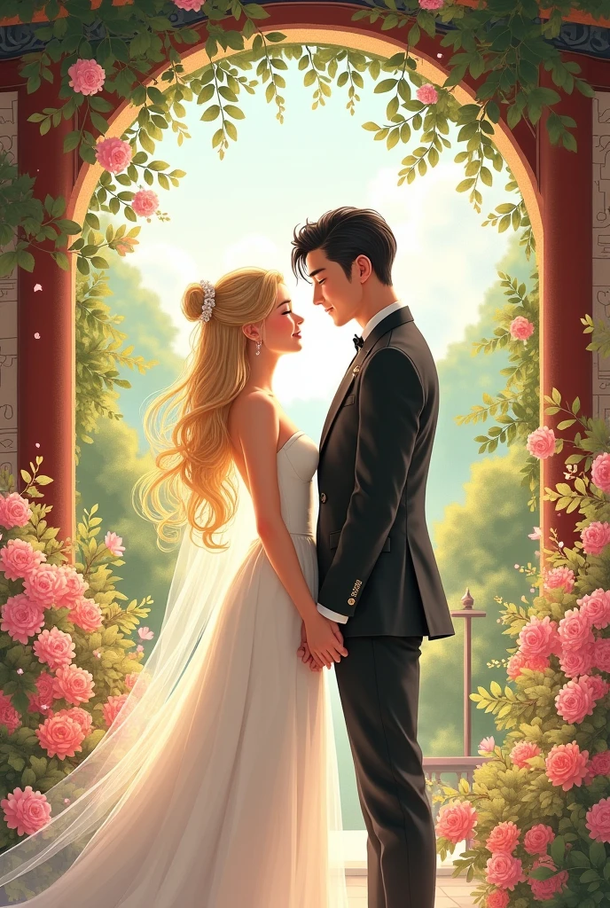 Give me an illustration of a blonde haired girl marrying a black haired Korean boy 
