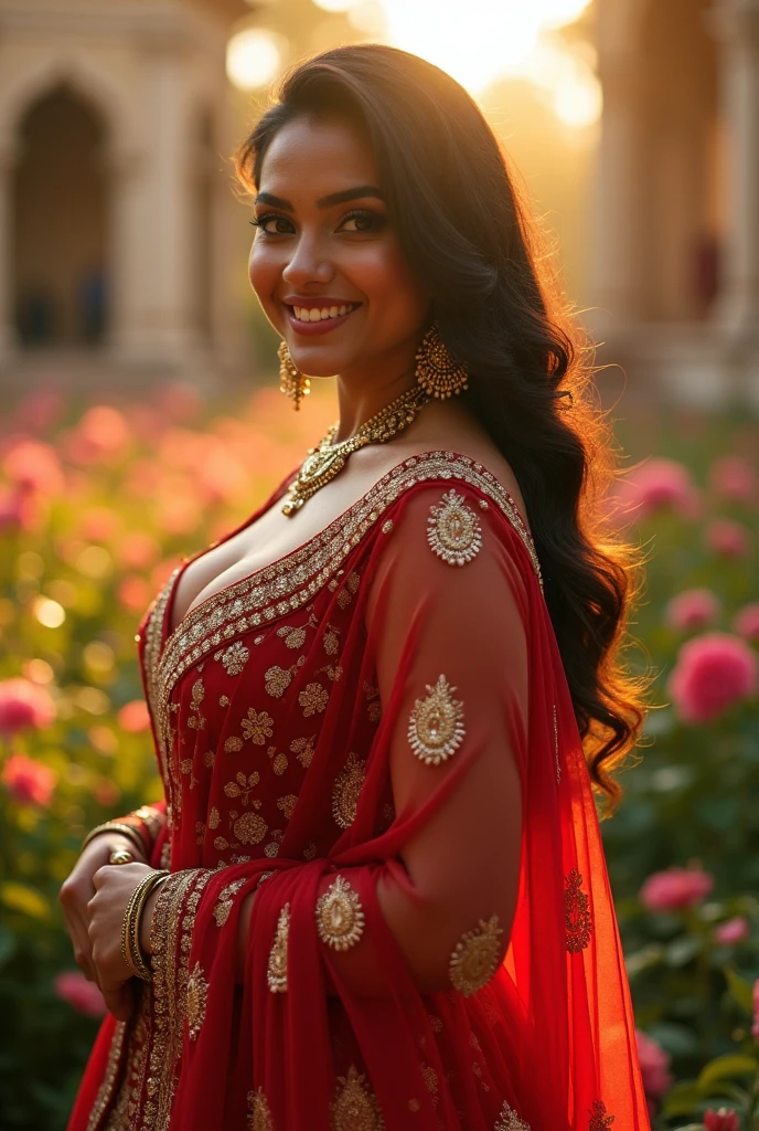 a very short and curvy voluptuous smiling Indian girl with huge saggy breasts wearing trendy gorgeous intricate traditional dress without bra at a royal palace flower garden during golden hour, warm backlit dreamlike atmosphere, soft cinematic focus, anamorphic lens flares, masterpiece, by Zack Snyder,