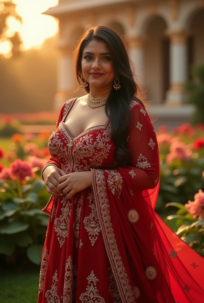 a very short and curvy voluptuous smiling Indian girl with huge saggy breasts wearing trendy gorgeous intricate traditional dress without bra at a royal palace flower garden during golden hour, warm backlit dreamlike atmosphere, soft cinematic focus, anamorphic lens flares, masterpiece, by Zack Snyder,