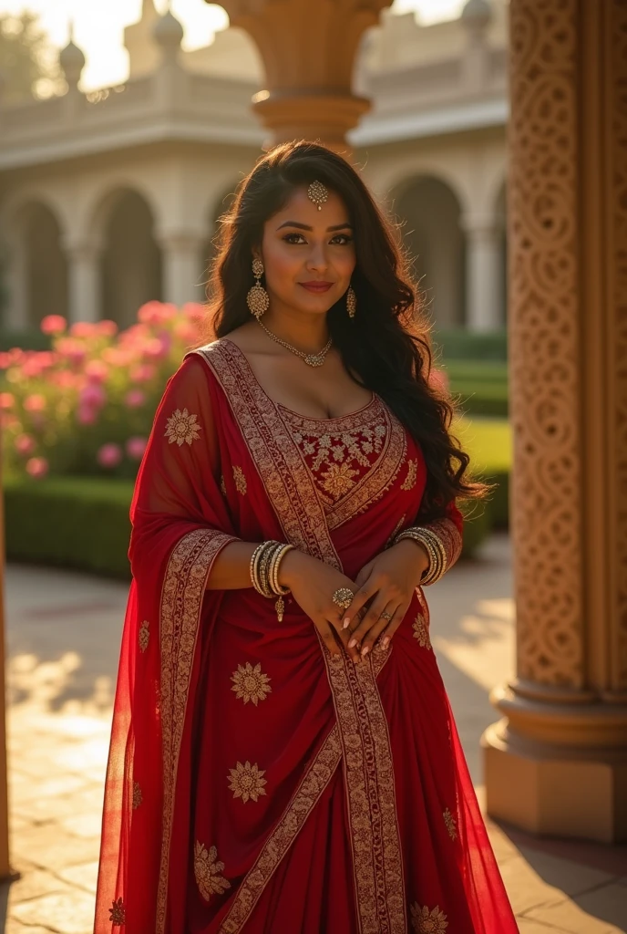 a very short and curvy voluptuous smiling Indian girl with huge saggy breasts wearing trendy gorgeous intricate traditional dress without bra at a royal palace flower garden during golden hour, warm backlit dreamlike atmosphere, soft cinematic focus, anamorphic lens flares, masterpiece, by Zack Snyder,