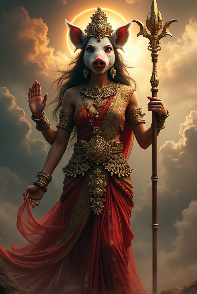 "Create an ultra-realistic image of Goddess Varahi, emphasizing her extreme beauty and divine power. She should have a small boar's head, seamlessly integrated with her skin tone, giving her a unique yet graceful appearance. Her facial features should be soft yet fierce, with large, expressive eyes that radiate wisdom, strength, and compassion. The boar’s head should be delicately proportioned, blending harmoniously with her human body to symbolize her protective and powerful nature.
Goddess Varahi should be adorned in a richly embroidered saree in deep red or dark green, symbolizing her connection to the earth and her role as a protector. The saree should be intricately decorated with gold patterns and divine symbols, highlighting her regal and divine status. Her jewelry should be luxurious and detailed, with heavy necklaces, bangles, and earrings that shimmer with divine light, enhancing her majestic appearance.
In one of her hands, she should hold a **hala** (plough), a symbol of agriculture, fertility, and strength, representing her nurturing aspect as well as her power to clear obstacles. Her other hand might be in a blessing gesture, offering protection and grace to her devotees. The background should be a celestial and powerful scene, perhaps with a dark sky and swirling clouds, illuminated by a divine light that emphasizes her fierce beauty and protective energy. The overall image should capture the essence of Goddess Varahi’s extreme beauty, strength, and divinity, presented in a highly realistic and detailed manner."