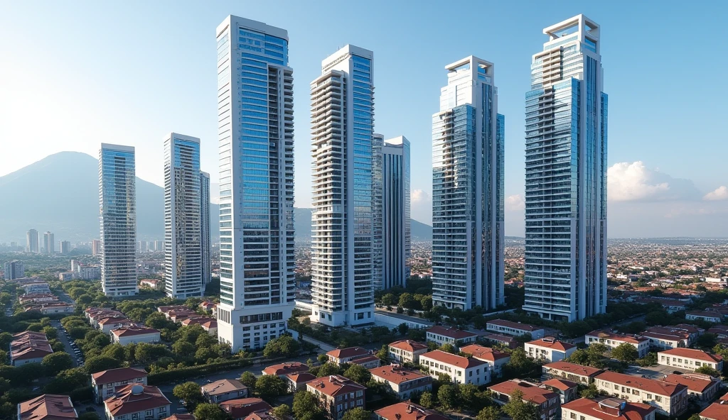 "It generates an aerial view image of an avenue in the city of Arequipa. In the foreground it shows skyscrapers standing out among simpler houses. Of those skyscrapers: - 2 must be residential, white with blue stripes. - 3 must be offices with reflective facades. - 3 must be hotel and commercial, with an elegant and striking design. The buildings have separation between them. "The buildings should be the main focus of the image, while the surroundings should be less prominent."