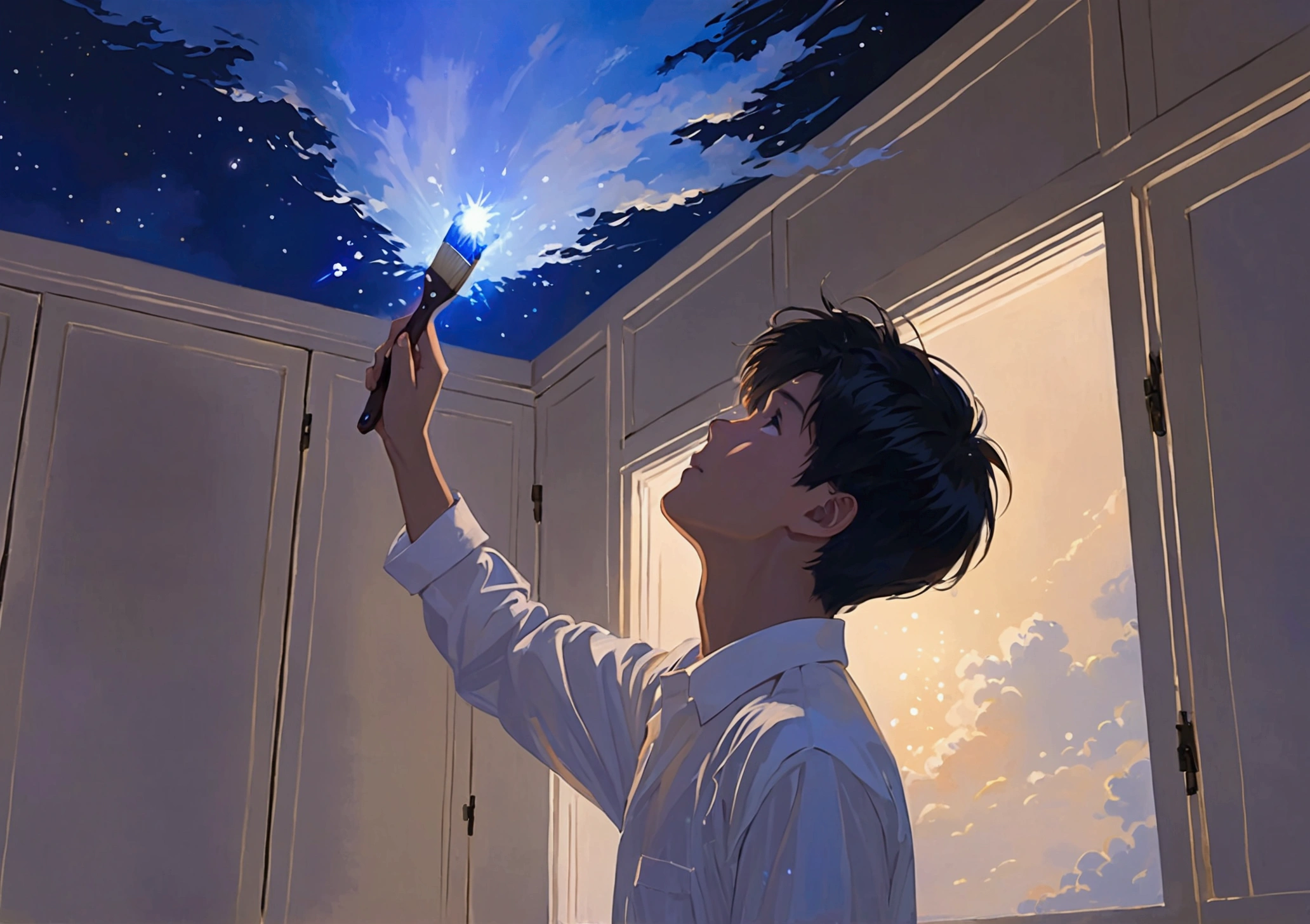  
“japanese highschool boy”, “looking up at sky”, “holding paint brush, “painting sky”, “white polo shirt”, “by the ocean”, “night time”, “light shining from brush”, “sparkles exploding from brush”, “warm and cold”, “paint strokes exploding from brush”, “wind blowing strong at boy’s hair”, “wind from brush” "horizontal, 2388 x 1668"