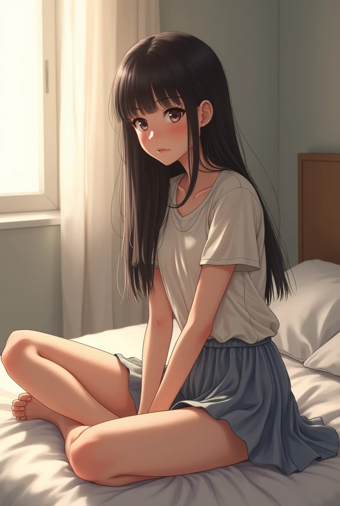 A girl like Squatting in a short skirt on the bed