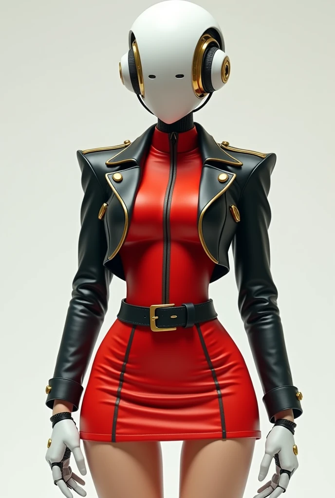 Short, tight mini skirt that covers my legs just above my knees. The skirt is bright red and has a wide black belt holding it in place.. I also wear a fitted jacket that covers my shoulders and chest.. The jacket is black with gold details on the collar and buttons.. And I have white gloves that cover my hands up to the fingers, robot girl (from head to toe), sexy and cute, low and tender height