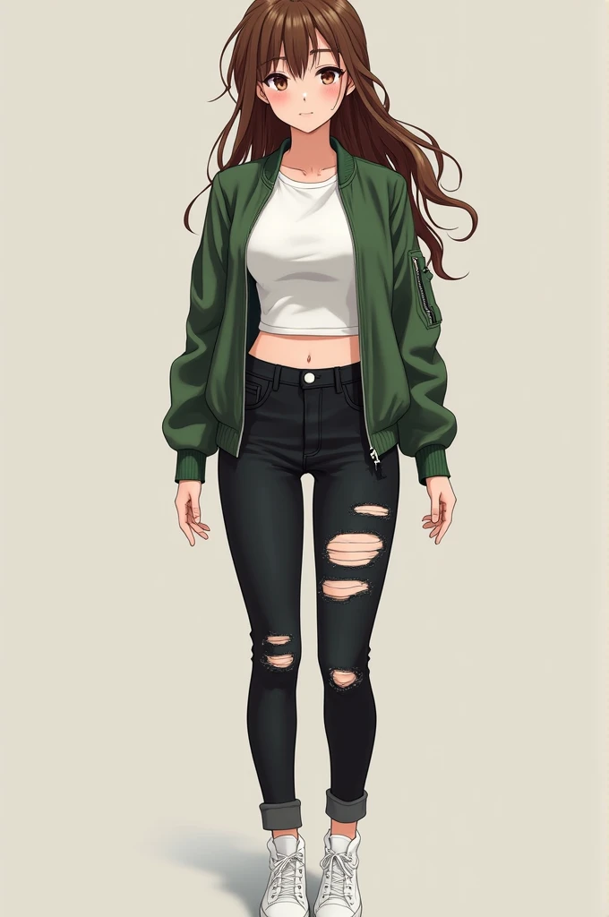 A beautiful Japanese anime girl with brown hair and smoothie pail skin with brown eyes she has medium sized chest and wears a white shirt with black ripped jeans and white sneakers and had a green bomber jacket on
