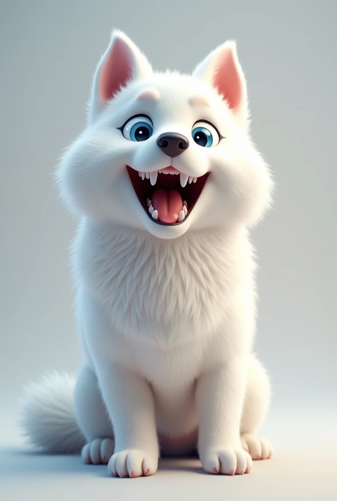 A husky with white hair and smiling
With blue eyes