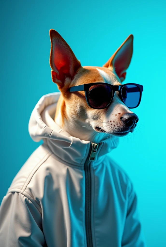 The best cell phone wallpaper, Award-Winning Wallpaper, portrait photography, In the front view is a portrait of a cute dog wearing mid-1960s space age fashion, Side view photo, Shot with Canon EOS R5, Set a strong contrast that accentuates the subject, Fluorescent blue tone, Wearing a very modern coat and sunglasses is a modern 1960s style, Clothes all in one color, beautiful background
