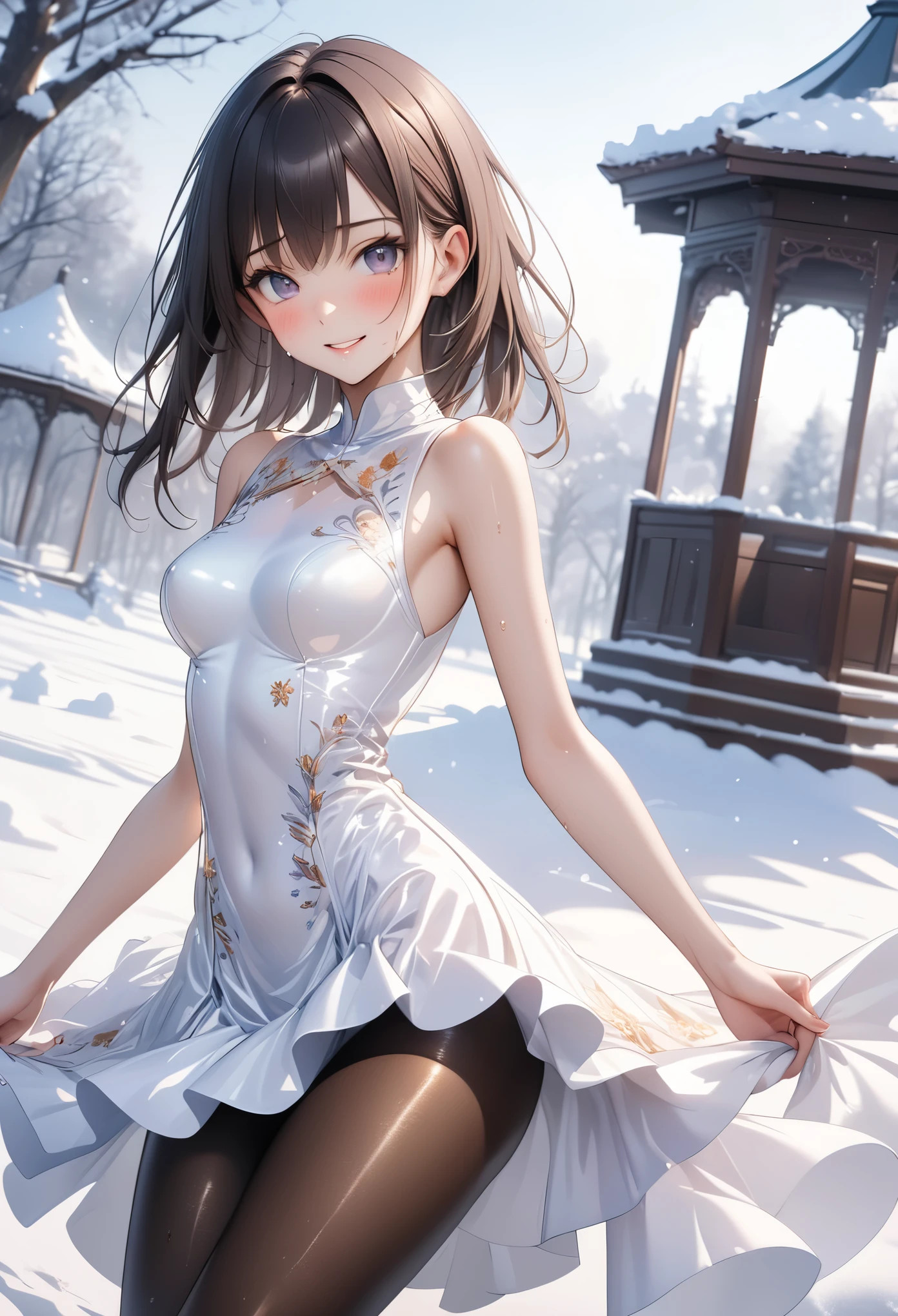 (Evil smile), (((A sexy dress inspired by snow, Gorgeous embroidery, Leather panties, skirt, Pantyhose, Stiletto heels))), ((Shiny Costumes)), ((skindentation)), skinny, solo, 1 woman, Masterpiece, highest quality, highest quality, 16K, incredibly absurd, highly detailed, 2.5D, ai-generated, delicate and dynamic, very delicate facial expressions, delicate eye depiction, erotic, only sexy woman, ((A cute and kind face)), healthy figure, ((2 woman)), 160cm tall, medium firm swaying bust, Dark Hair, blush, Sweat,Embarrassed,sexy, ((thin thighs)), shiny and lustrous, facing straight at viewer, (((in heat))), ((Oily_skin)), ((Lots of sweat)), ((dutch angle)), ((erotic pose)), (((Dynamic Pose))), ((Transparent and sparkling costume)), ((A gazebo in the middle of a beautiful snowy field)),