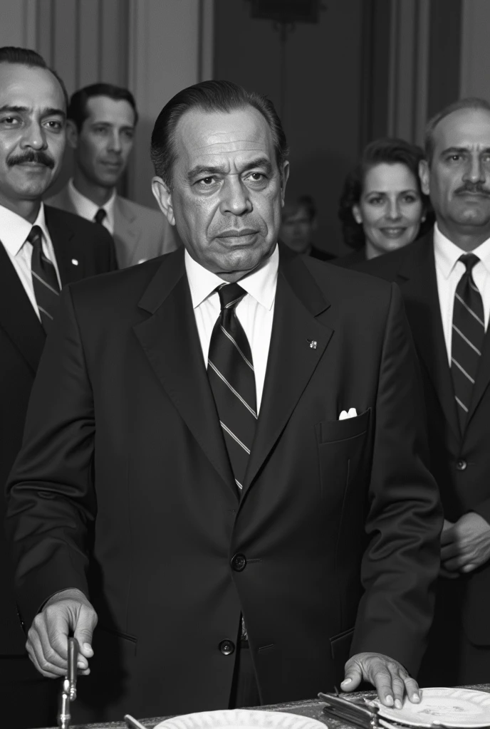 "A historical photo of Jean-Claude Duvalier, with a background showing a donation ceremony or exchange of money. The image should suggest a formal, yet somewhat ominous atmosphere, with Duvalier appearing serious or stern."