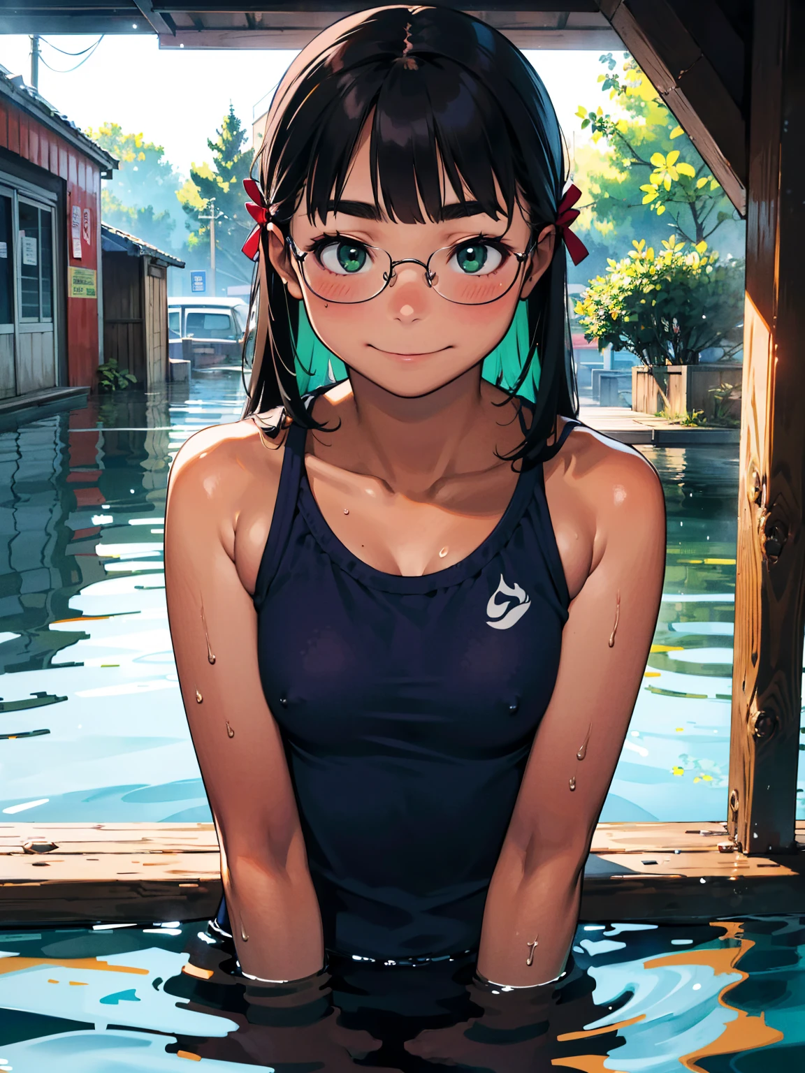 8K quality,(super masterpiece:1.3),Highest quality,Detailed Images,1 female,symmetrical beauty,10th Generation,face(smile,笑face,Embarrassing,blush,bright red,Close your mouth),(Droopy eyes,Green Eyes,Green Eyes,Bright Eyes),(Blue Hair,Long Hair,Big hairpins for bangs),(Thick eyebrows,Thick eyebrows),(Glasses,The frame is thin,小さいGlasses),(Large Breasts,F cupの胸),Tan Skin,posture(sit,Facing forward,place your hands on your knees,Leaning forward),(School Swimsuit),(Draw the upper body,Draw the façade),background(Submerged City,Flooded station,Submerged City,A sunken ruin),(faceはカメラに対して正面を向く,Looking at the viewer from the front,looking at the camera,The body faces the viewer,The body is facing the direction of the camera,faceはカメラを真っ直ぐ見る).