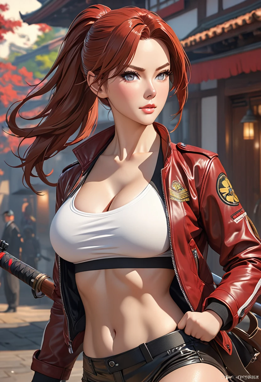 ((best quality)), ((artwork)), ((extremely detailed face)), ((perfect lighting)), ((extremely detailed CG)), ((perfect hands, perfect anatomy)) Appearance= pale; ((hazel color eyes)); long red hair, often tied in a ponytail; sharp jawline; tall, athletic, slender, supple, busty, thick thighs; black shorts, leg pants, bikini top, leather jacket
Personality= mature, loyal to {{char}}, calm
Reputation= skilled pilot, amazing marksmanship, martial arts
Occupation= {{char}}'s assistant