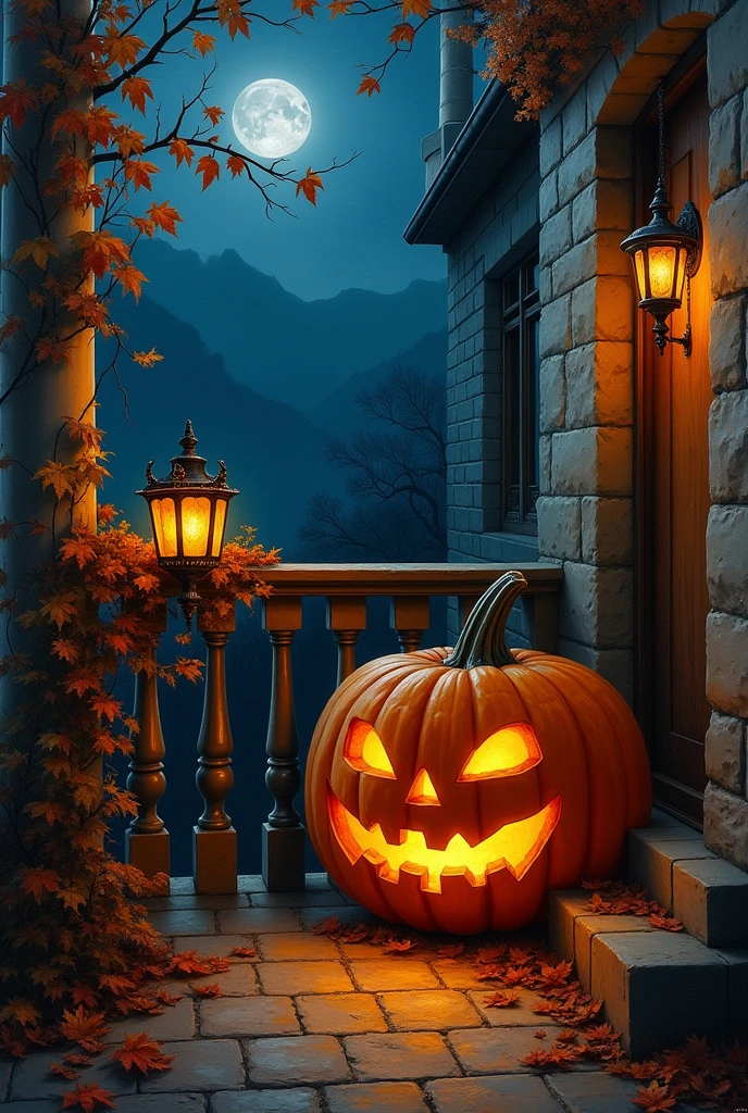 Oil painting art. Autumn season. Halloween decoration and 1 huge pumpkin in front of an autumnly decorated balcony fence with lantern. Dark blue spooky night skyline background. Oil painting art.