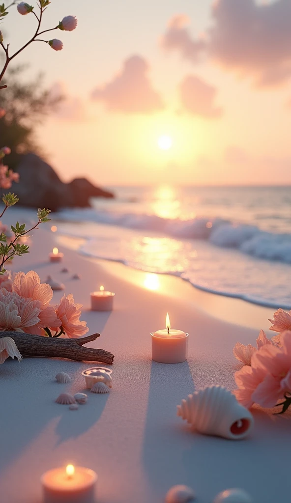 Candlelight　Seaside　comfortable　Beautiful shells　nature　flower　Relaxed atmosphere　Peaceful atmosphere　White sand beach　Softly lit　water　An empty sandy beach