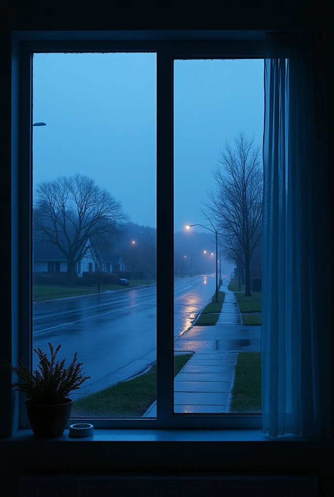 1990's blue hour vibe in the suburbs after raining, looking out through a big window from inside a dim and cold room, no life forms in sight