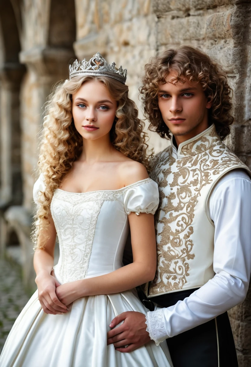 Have a medieval wedding of a couple a beautiful dark blonde curly princess with a straight dark prince in white clothes