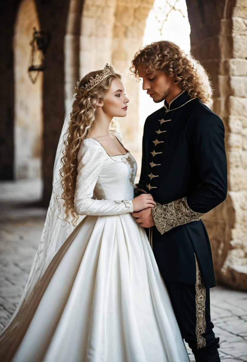 Have a medieval wedding of a couple a beautiful dark blonde curly princess with a straight dark prince in white clothes