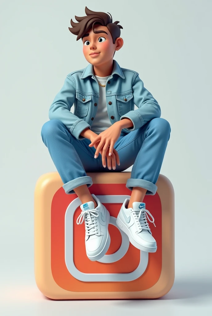 créez une illustration 3D d'un personnage aimée Assis de manière décontracté au-dessus d'un logo de media social « Facebook » le personnage doit porter des vêtements moderne et décontracté qu'une veste en jean et des chaussures de sport Nike air de couleur blanche l'arrière-plan de l'image est une page de profil de media social avec un nom d'utilisateur “ Tarno Raoul / 24k abonné" et une photo de profil qui correspond