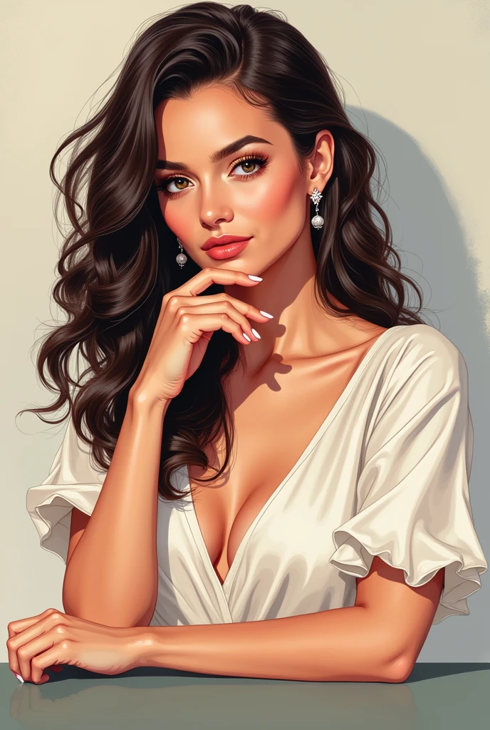 Bright colors, beautiful style, high-quality illustrations, female chin holding hand position, elegant drawing, detailed illustration of clothing and facial features. Sexy 30 years old lady wearing only blouse
