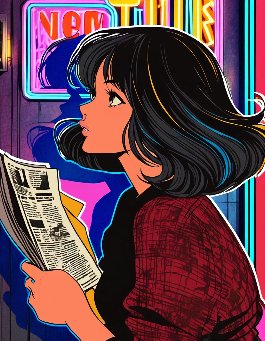 in style of Garry Trudeau, character, ink art, side view ,(better quality, outline:1.2),realist,illustration,long hair girl, delicate lips, red skirt, (Newspaper wall background:1.3),neon hair, Retro Style, (black bob hair:1.75 neon lights:1.32), , dark shadow,flat coloring