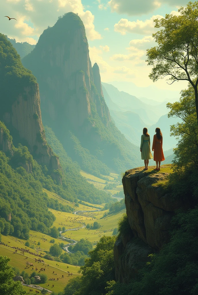(photorealism:1.2), Two people standing on a rock looking at the valley, down there Animals of many kinds, birds and  Ghost are standing in a form of groups. realistic, intricate details, warm colors, by Greg Rutkowski, by Alphonse Mucha
