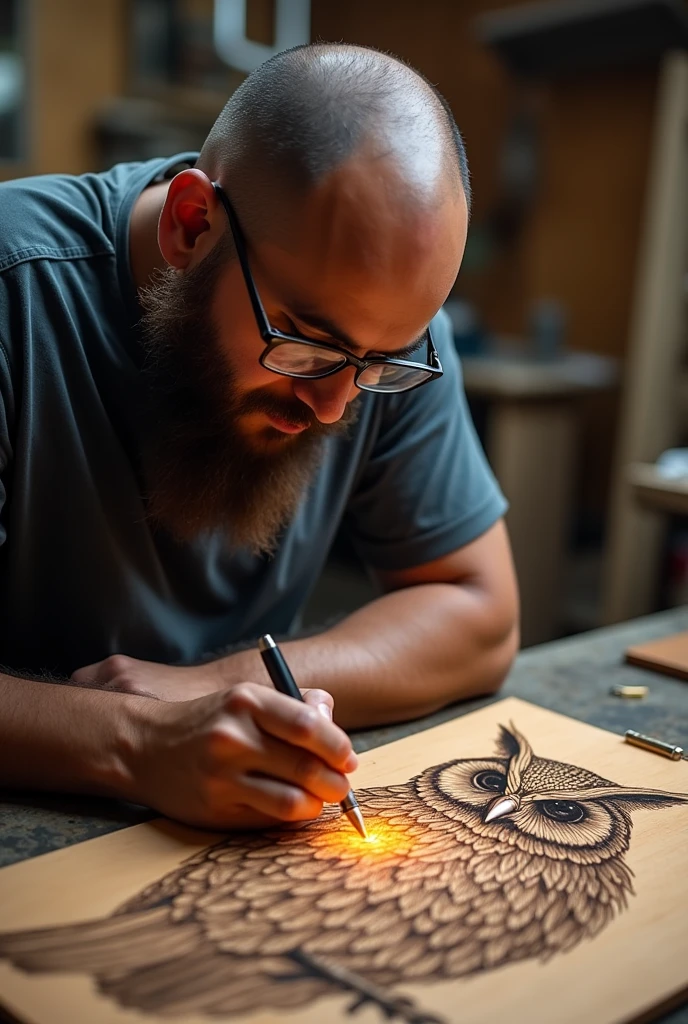 A Mexican man with shaved brown hair, 40-year-old with glasses and a short beard doing pyrography on wood of an owl, as if I were tattooing