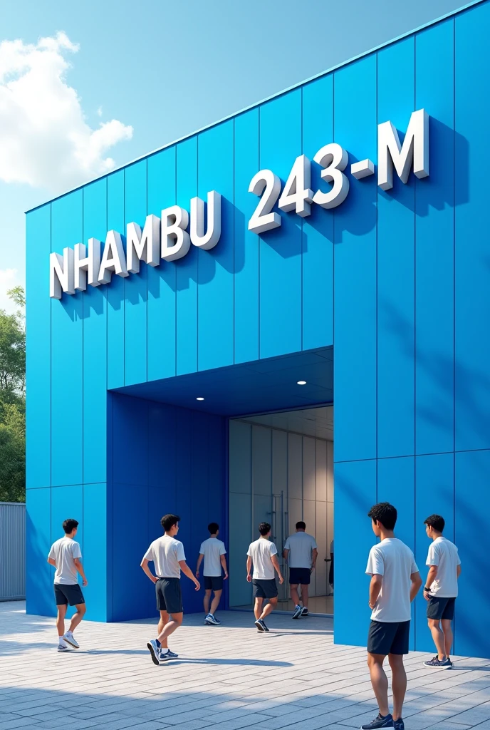 Blue wall public bathhouse, modern and brand new, with a sign written in capital letters “NHAMBU 224-M”, with men in sportswear coming and going.