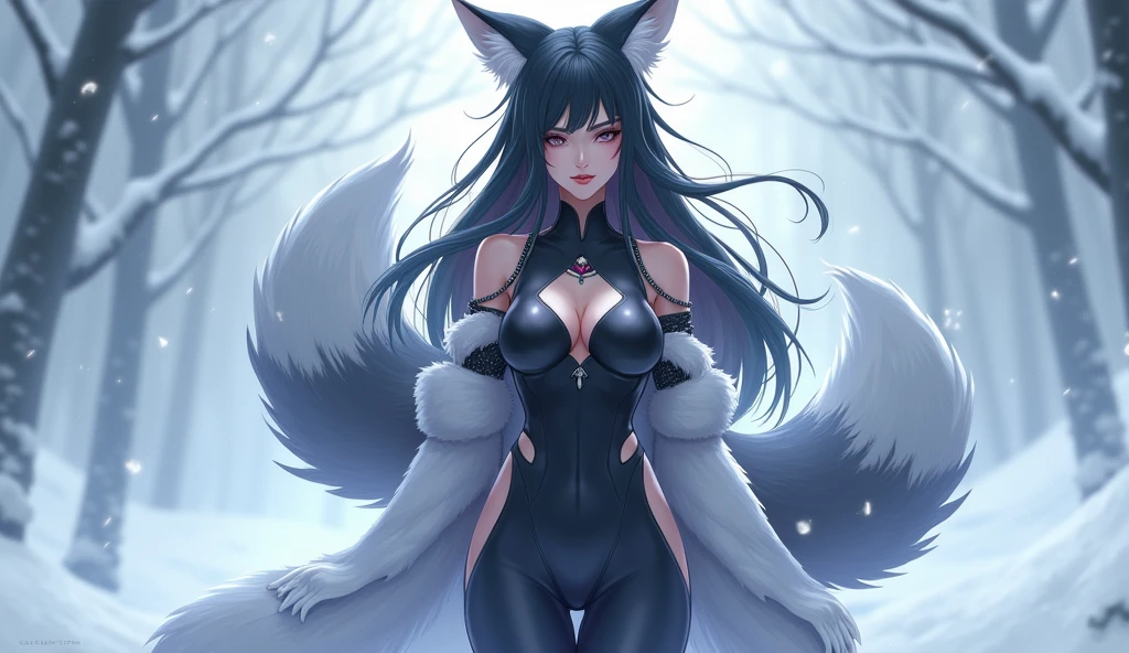 ahri, ahri_(league_of_legends), 1girl, absurdres, animal_ears, black_hair, detached_sleeves, distr, facial_mark, fox_ears, fox_tail, hand_up, highres, league_of_legends, long_hair, snowsuit, magic, multiple_tails, white_tails, orange_eyes, parted_lips, solo, standing, tail, full_body, arms behind back