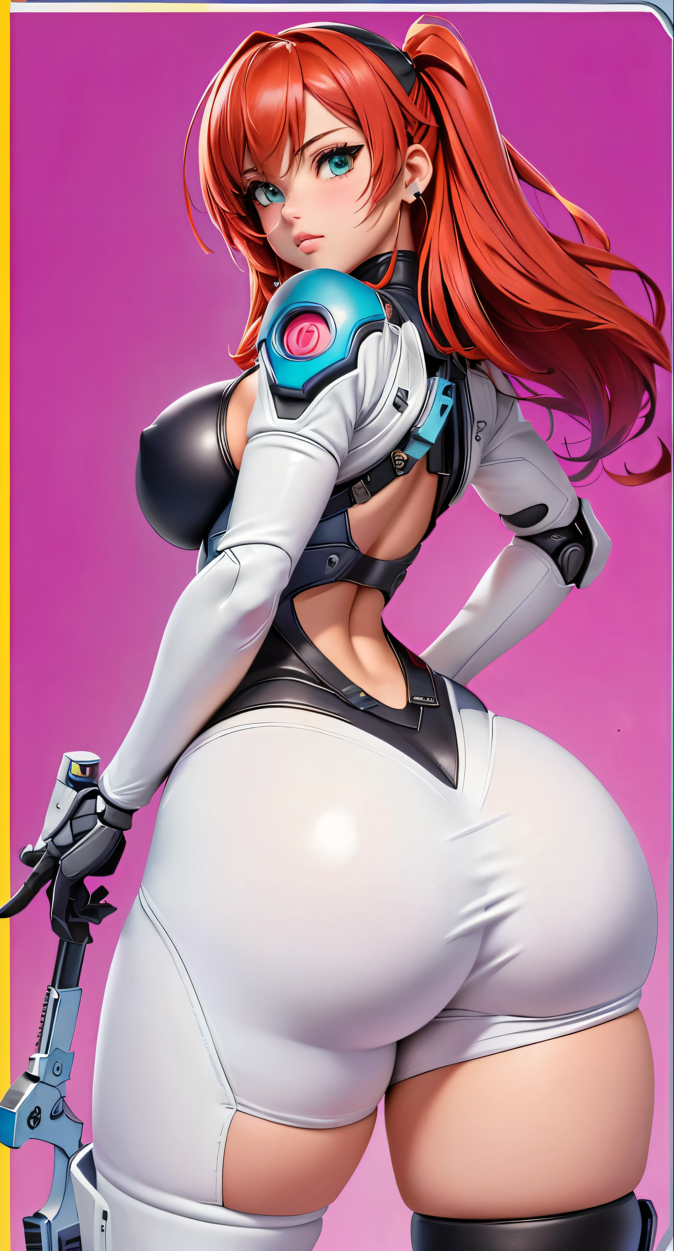 anime girl with a big ass in a white leather outfit, cutesexyrobutts, oppai cyberpunk, thicc, 2b, 2 b, oppai, anya from spy x family, biomechanical oppai, makoto, commission for high res, oc commission, tifa lockhart, oppai proportions, tifa, tracer in a skintight dress, fortnite cards background style ,red hair with blue vanes