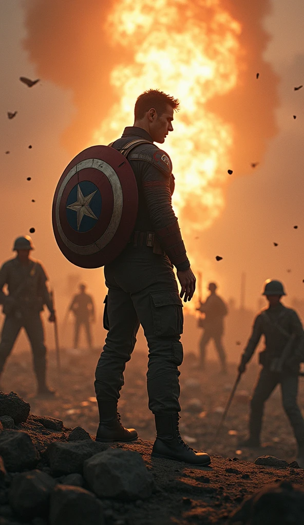 Illustrate a powerful and emotional scene in which Captain America faces the heartbreaking dilemma of changing the past. Em primeiro plano, Captain America is on a World War II battlefield, reaching out toward a moment frozen in time—Bucky Barnes in mortal danger. Your hand is extended, with fingers trembling with hesitation, as he struggles with the decision of whether or not to intervene.
Bucky is portrayed in a life or death situation, perhaps hanging off the edge of a cliff or caught in a bomb blast, with his face showing a mixture of fear and determination. The scene around them is charged with tension.: debris and earth suspended in the air, flames from an explosion stopped in their tracks, and soldiers frozen in the middle of combat.
Captain America's face is a study in internal conflict, his brows furrowed and his eyes filled with anguish as he weighs the consequences of altering the timeline. His iconic shield hangs on his back, slightly obscured, as if forgotten in this moment of deep contemplation. His posture is tense, with one foot planted forward, ready to move, but his body pulled back by the weight of the decision.
The background is blurred, focusing all attention on the intense emotional struggle between Captain America and the image of Bucky. Subtle distortions in the air around Captain America suggest the pressure of time being kept at bay, with faint echoes of past memories swirling gently around you, hinting at the possible outcomes of your choice.
the lighting is dramatic, with an intense golden glow highlighting the figures of Captain America and Bucky, while the surrounding environment remains in shadows, adding to the gravity of the moment. The general atmosphere should convey a sense of urgency, sadness and the deep weight of the decision that Captain America faces, as he stands on the brink of altering history.