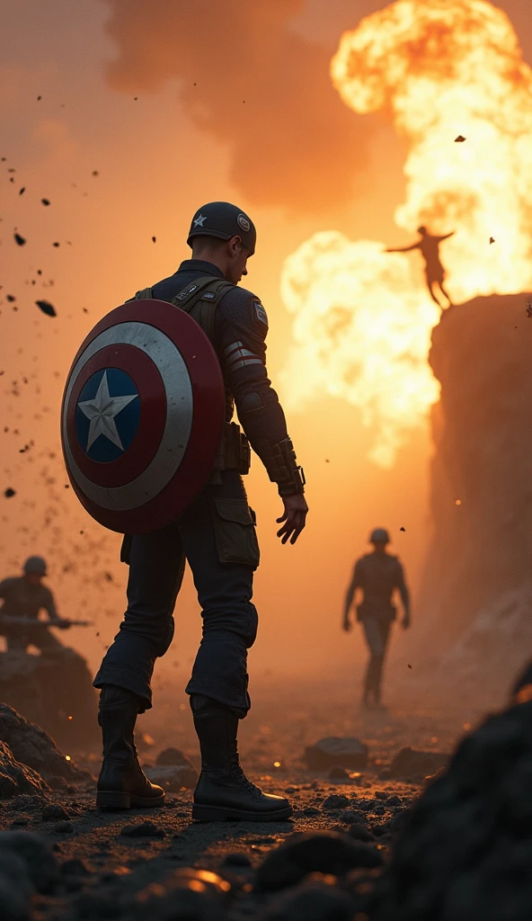 Illustrate a powerful and emotional scene in which Captain America faces the heartbreaking dilemma of changing the past. Em primeiro plano, Captain America is on a World War II battlefield, reaching out toward a moment frozen in time—Bucky Barnes in mortal danger. Your hand is extended, with fingers trembling with hesitation, as he struggles with the decision of whether or not to intervene.
Bucky is portrayed in a life or death situation, perhaps hanging off the edge of a cliff or caught in a bomb blast, with his face showing a mixture of fear and determination. The scene around them is charged with tension.: debris and earth suspended in the air, flames from an explosion stopped in their tracks, and soldiers frozen in the middle of combat.
Captain America's face is a study in internal conflict, his brows furrowed and his eyes filled with anguish as he weighs the consequences of altering the timeline. His iconic shield hangs on his back, slightly obscured, as if forgotten in this moment of deep contemplation. His posture is tense, with one foot planted forward, ready to move, but his body pulled back by the weight of the decision.
The background is blurred, focusing all attention on the intense emotional struggle between Captain America and the image of Bucky. Subtle distortions in the air around Captain America suggest the pressure of time being kept at bay, with faint echoes of past memories swirling gently around you, hinting at the possible outcomes of your choice.
the lighting is dramatic, with an intense golden glow highlighting the figures of Captain America and Bucky, while the surrounding environment remains in shadows, adding to the gravity of the moment. The general atmosphere should convey a sense of urgency, sadness and the deep weight of the decision that Captain America faces, as he stands on the brink of altering history.