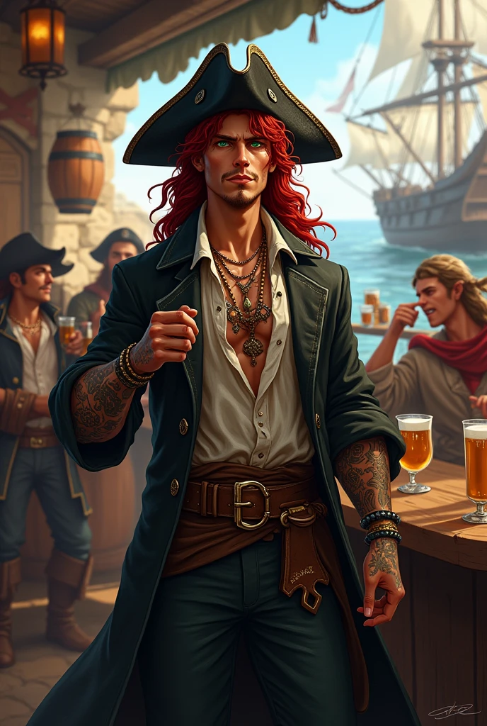 Generate the image of a pirate for a DnD campaign. A young pirate with a scammer face. He has long dark red curly hair, he has no beard. His eyes are emerald green, and has a small scar on the bridge of his nose. He’s wearing a pirate hat in black leather, a long dark trench coat, under the coat a soft shirt half open, with an old leather filet. He’s wearing many bracelets and necklaces, he has many tattoo. He’s drinking and cheering at the pub with many other sailors, in the background a pirate harbor
