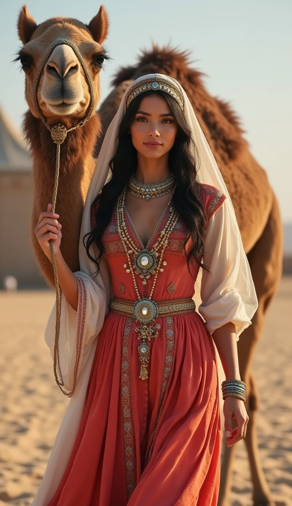 Front view ,Full-body, standing pose, on sand, near sultan tent, (( An  Arabian  camel, decoration camel harness:1.5)), a Persian  ancient girl,  looking Arabian camel , hug camel  exotic Persian girl is 20 years old, (Black hair ,long hair, Brown eye), (Her eyes were outlined with kohl:1.3) , (little Lips, smile), (Gorgeous head band with jewel), (middle  breasts, middle hip), (She wore a knee-length  light red gorgeous design red gown adorned with intricate embroidery, complemented by light blue bangles and necklaces. A second, longer shawl covered her head and shoulders, Kaunakes ), (framing her face like a White see-through veil), gorgeous sandal, ((Surrealism, UHD, retina, masterpiece, anatomically correct, accurate, textured skin, super detail, high details, high quality, best quality,  8k))

