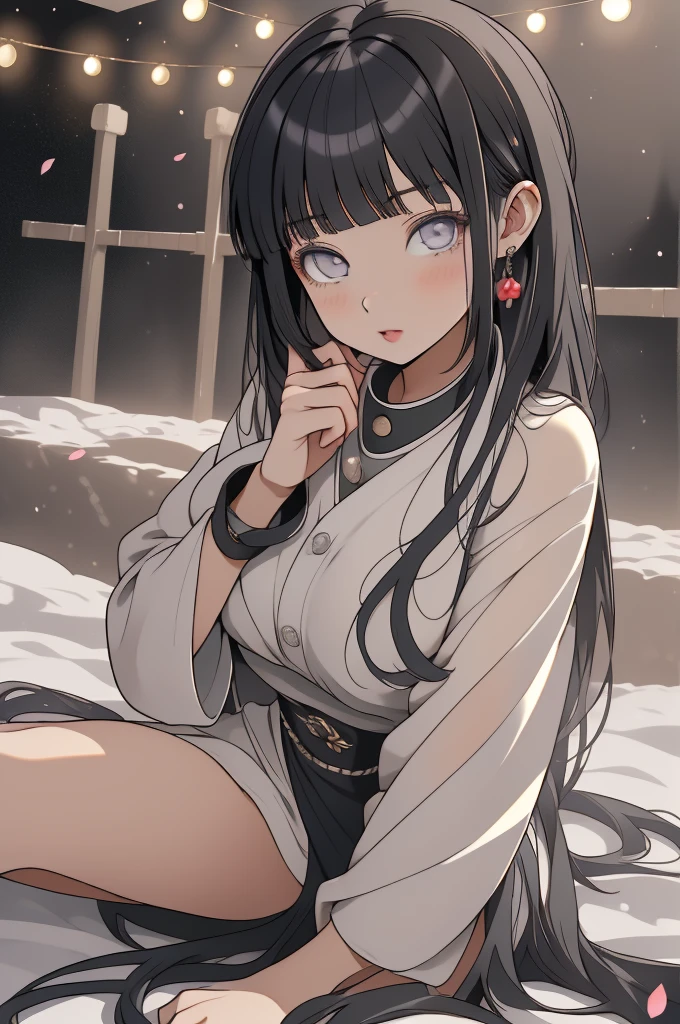 beautiful, masterpiece, Highest quality, Highly detailed face, Perfect lighting, One person, hinina, hyuuga hinina, 前hair, empty_eye, black_hair, dull_前hair, grey eye, grey sleeves, head band_The surrounding area_head, High resolution, Hime cut, Looking_in_Audience, petal, 一人in, straight hair, Perfect body, ベッドin, naked, Big Breasts, spread legs, spread pussy, ((自分の両手inマンコを広げる:1.5))